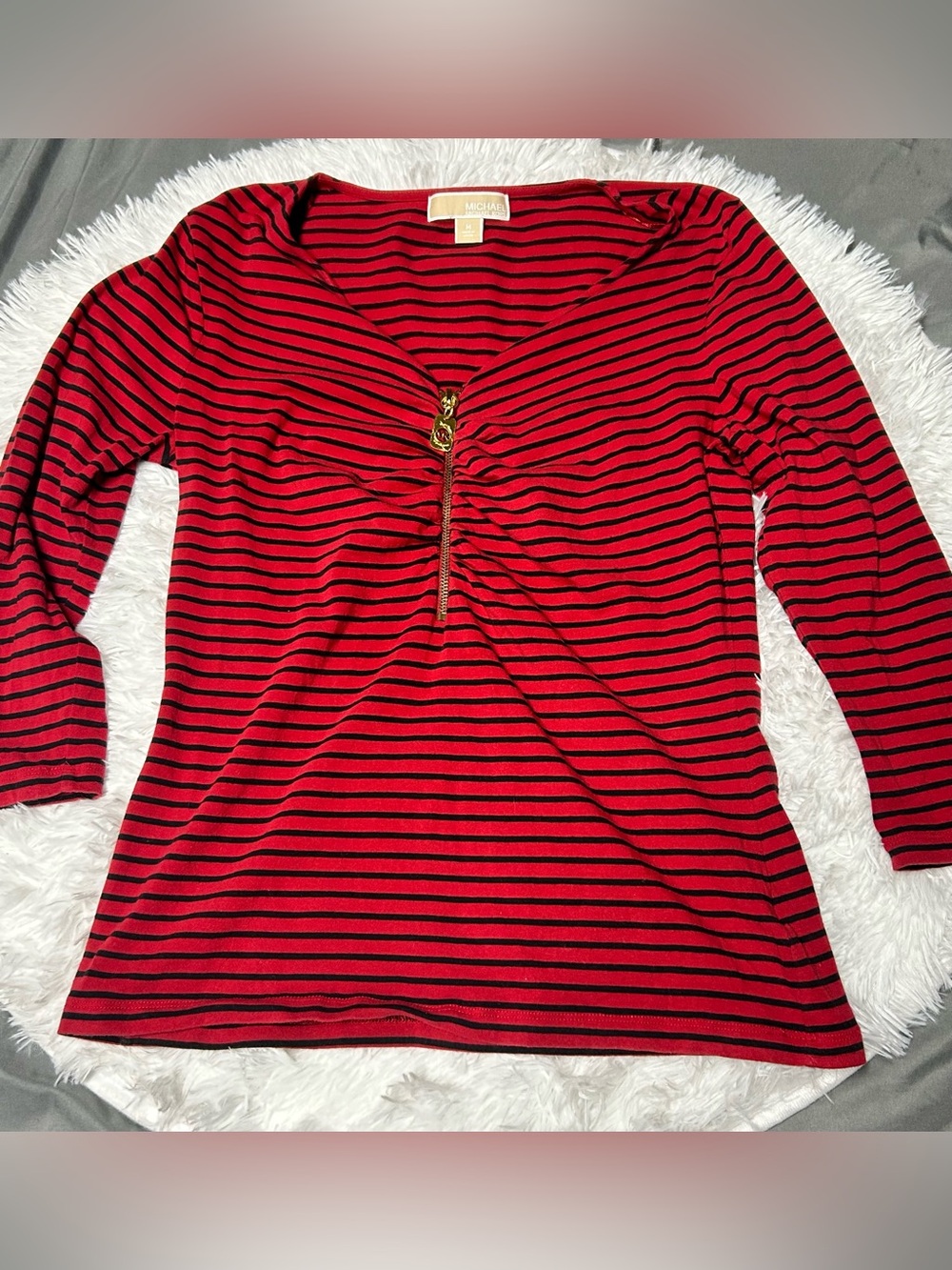 Michael Kors Red and Black Striped 3/4 Sleeve Zip Front Top